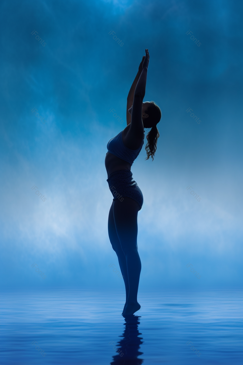 蓝色天空女子站在水中脚尖垫起瑜伽运动练习健身健康生活习惯实拍摄影图,高清,摄影图,摄影图片,图片大全,摄影图免费下载